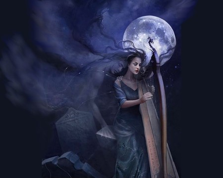 sadness - moon, woman, love, sadness, abstract, girl, blue, fantasy