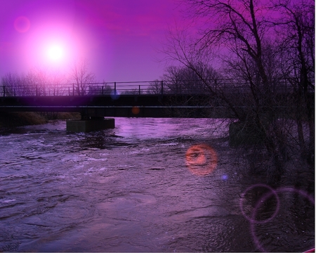 Flooded River 2 - water, sunset, flood, railroad tracks, spring, nature, railroad, river, bridge, photo shopped