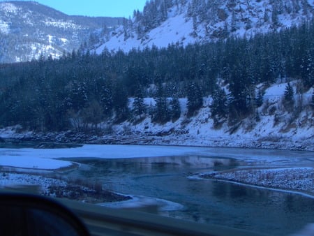 High Way 94 through Montana - winter, water, trees, mountians