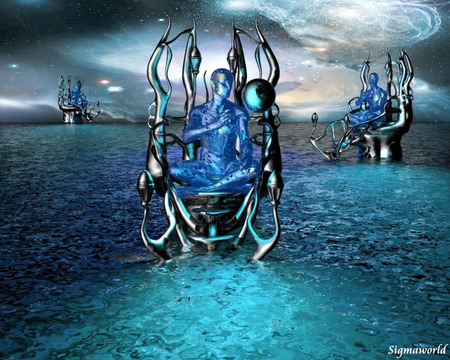 Earth Control - sky, men, blue, globe, aliens, chairs, sea