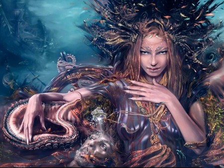 fantasy girl - abstract, fantasy, water, woman, octopus, girl, 3d, ocean