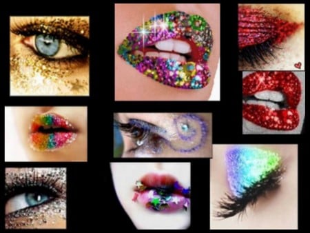 lips and eyes - glitter, abstract, lips, 3d, eyes, color, fantasy