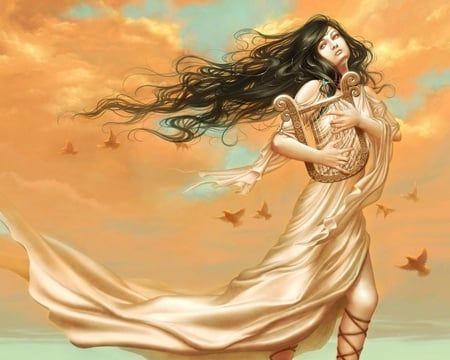 playing the harp - female, hair, music, instrument, fantasy, wind, lyric, art, clouds, brunette, birds, tunes, lady, girl, harp, song, gold, cg, fairy, dress