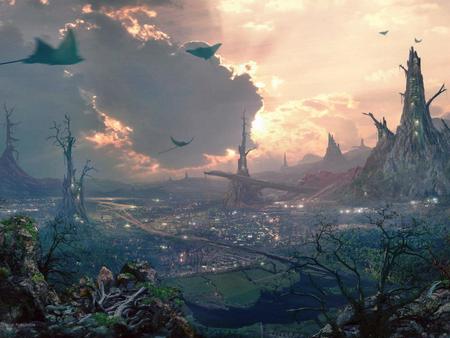 Fantasy city - sky, fantasy, landscape, city, 3d, abstract, birds