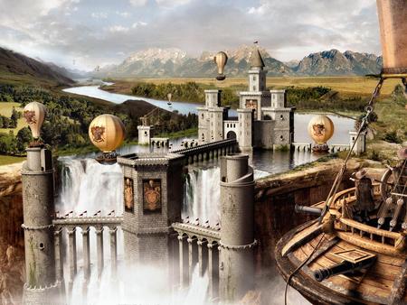 airships - sky, abstract, 3d, waterfalls, airship, fantasy