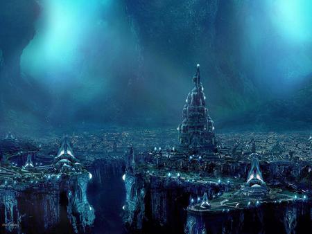 Fantasy city - futuristic, wallpaper, alex popescu, abstract, blue, art, fantasy, light, city, castle