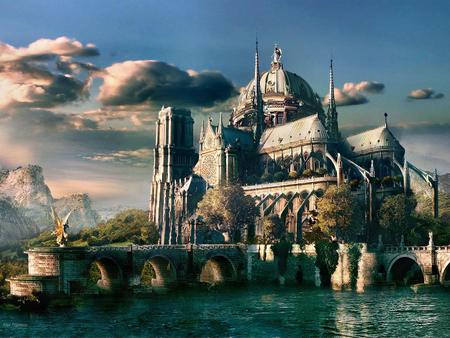 castle - fantasy, lake, alex popescu, art, castle, sky