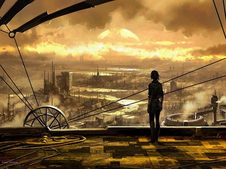 Perspective - abstract, fantasy, sunset, girl, perspective, 3d, city, sky