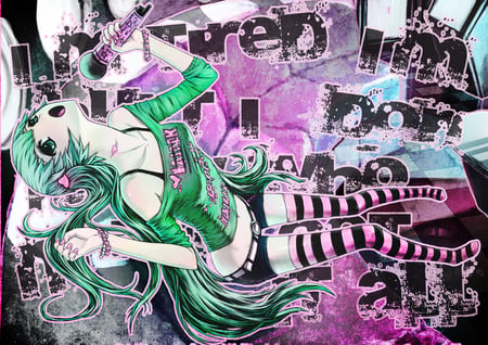 Anime Girl - girl, anime girl, black, shortshorts, cg, art, pretty, pink, beautiful, green, miku, cute