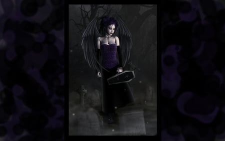 Gothic Dreams - boots, raven, angel, gothic, cemetery, purple, black dress, black hair, cute, coffin