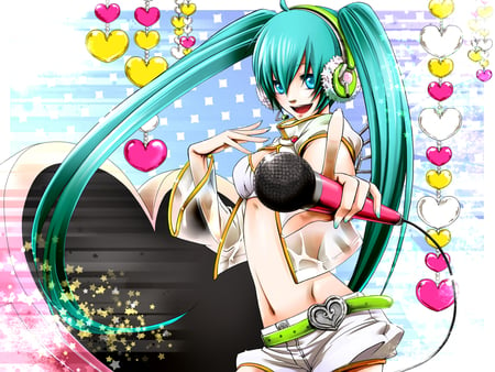 Hatsune Miku - aqua, hot, headset, heart, music, anime girl, art, yellow, cool, shorts, artistic, hatsune miku, sexy, song, vocaloids, program, vocaloid, beautiful, pink, diva, nice, beauty, twintail, singer, virtual, pretty, idol, anime, miku, cute, girl, bra, cg, hatsune, microphone, headphones, flowers, digital, awesome