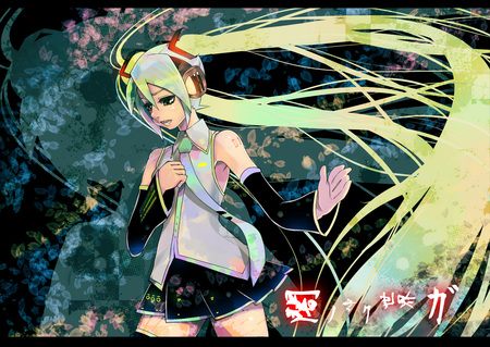 Hatsune Miku - virtual, miku, digital, vocaloids, song, uniform, singer, red, emotions, cool, awesome, vocaloid, thighhighs, anime, twintail, cg, petals, skirt, aqua hair, colors, hatsune, black, shades, cute, beautiful, girl, anime girl, white, colorful, program, aqua eyes, artistic, pretty, aqua, beauty, sakura, art, diva, nice, tie, sad, idol, music, green, hatsune miku