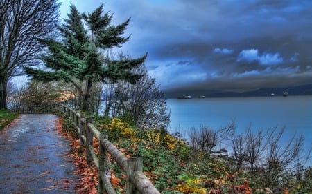 Autumn - pretty, alley, blue, autumn colors, boat, splendor, grass, sailboats, leaves, path, sailing, view, sky, way, storm, clouds, trees, beautiful, sea, stormy, beauty, lovely, ocean, fence, fall, boats, colorful, nature, sunset, sailboat, autumn, peaceful