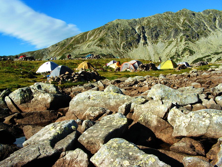 A camp place - mountains, rocks, bluesky, beauty, tents, camp