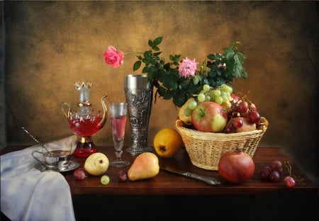 still life - nice, pomegranate, roses, photography, basket, bouquet, rose, wine, still life, pretty, cool, old, apple, harmony, drink, glass, pear, lovely, fruit, beautiful, grape, flowers, photo, flower