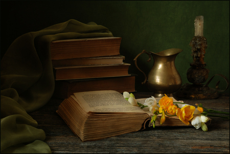 still life - nice, photography, bouquet, still life, cool, pretty, freesia, old, harmony, candle, scarf, lovely, beautiful, books, flowers, photo, flower, candlestick