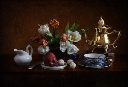 still life - pretty, elegantly, china, photo, flowers, coconut balls, fruit, nice, vase, beautiful, coffee, photography, tea, lovely, cool, still life, flower, tulip, bouquet, drink, harmony, tulips, apple, candy, glass