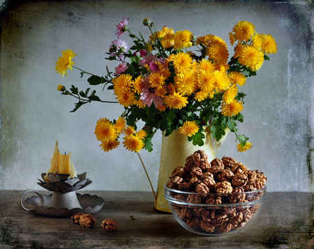 still life - nice, nuts, photography, chrysanthemum, walnuts, water, bouquet, still life, yellow, cool, pretty, old, harmony, candle, lovely, beautiful, flowers, photo, flower, candlestick