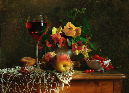 still life - nice, nasturtium, photography, bouquet, wine, still life, pretty, cool, old, red wine, harmony, glass, peach, lovely, fruit, vase, cup, beautiful, books, flowers, photo, elegantly, flower