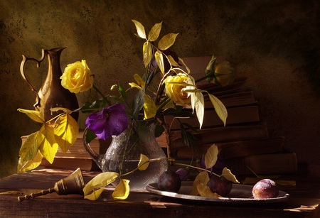 still life - pretty, roses, yellow, plums, books, photo, bell, leaves, flowers, purple, old, fruit, nice, water, beautiful, photography, lovely, cool, still life, flower, bouquet, harmony, rose