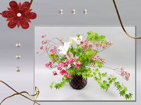 Fresh ikebana for Jasenka - white, brown, grey, pink, red, ikebana, green