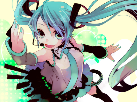 Hatsune Miku - tie, pretty, artistic, uniform, headphones, nice, program, thighhighs, beauty, virtual, cg, white, green, cute, song, anime, blue, twintail, hatsune miku, microphone, music, aqua, art, idol, anime girl, skirt, vocaoid, beautiful, singer, girl, cool, black, miku, awesome, diva, digital, teal, hatsune, vocaloids, headset