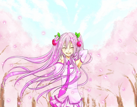 Sakura Miku - virtual, closed eyes, miku, digital, vocaloids, song, sakura miku, pink eyes, uniform, singer, red, cool, pink, awesome, flowers, vocaloid, pathway, anime, blue, cg, petals, clouds, skirt, hatsune, cute, beautiful, twintain, girl, anime girl, white, pink hair, cherry, sakura trees, program, artistic, pretty, beauty, sakura, art, diva, sky, nice, tie, idol, music, hatsune miku