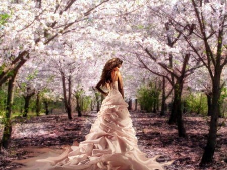 BLOSSOM TIME DAYDREAMING - trees, female, pink, day, blossom, dress, dreaming