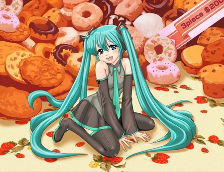 Hatsune Miku - sweets, aqua, hot, thighhighs, prize, music, anime girl, stockings, white, donuts, art, cool, aqua eyes, artistic, hatsune miku, sexy, skirt, song, vocaloids, program, vocaloid, beautiful, sweet, uniform, blush, diva, beauty, nice, twintail, singer, aqua hair, black, virtual, brown, pretty, idol, anime, orange, chocolate, miku, cute, snacks, girl, cg, hatsune, blue, tie, awesome, digital