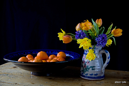 still life - fruits, flowers, vase, bowle, spring