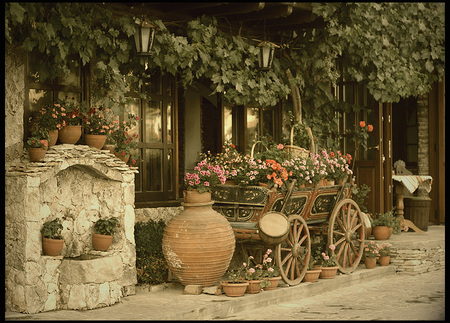 Flower Cart - house, stone, photography, road, photo, architecture, flowers, street, pott, nature, old, bulgaria