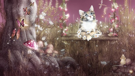 Summer Fantasy - summer, mouse, firefox persona, tree, cat, flowers, grasses, kitten, butterfly, mushrooms