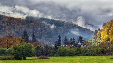 Troianski Monastery - clouds, trees, photography, forest, photo, architecture, religious, mountain, fall, forests, nature, autumn, old, field, monastery, bulgaria