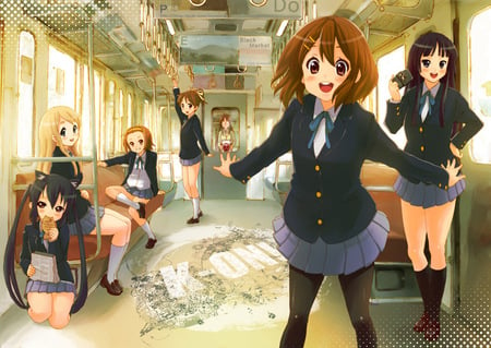 K-ON on a Train - pretty, tainaka ritsu, female, long hair, akiyama mio, k-on, short hair, train, yamanaka sawako, kotobuki tsumugi, hirasawa yui, twin tails, hirasawa ui, blonde hair, brown hair, nakano azusa, school uniform, black hair, cute