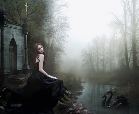 The Chapel - woman, black dress, swan, swans, girl, black, fantasy, mist, dark, forest, chapel, river, fog