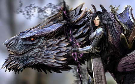 Calisto Ashers - female, warrior, long hair, headwings, beast, purple eyes, vulpeen, weapon, ravine, yellow eyes, armour, fur, fantasy, calisto ashers, wings, black hair, teeth, gauntlet