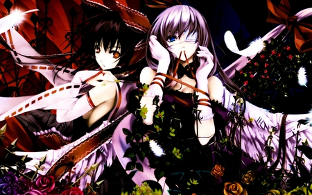 Touhou Girls - yukari, ribbons, wings, black hair, red eyes, touhou, reimu, yakumo yukari, eye patch, feathers, blue eyes, long hair, purple hair, hakurei reimu, plants, gloves, flowers