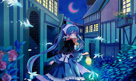 Hatsune Miku - pretty, lanturne hatsune miku, vocaloid, night, flowers, house, moon, maid, lantern, lights, diva, aqua eyes, cute, aqua hair, outfit, fish, building