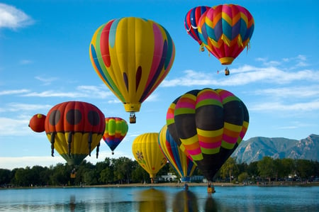 balloons of the air - sky, hills, trees, hot air balloons, water