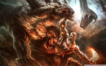 Battle of God of War - warrior, video game, hd, ghost, beast, battle, adventure, dragon, action, sword, god of war, enemy