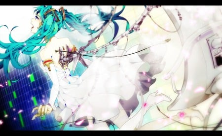 Hatsune Miku - aqua, music, anime girl, white, art, cool, radical, aqua eyes, artistic, hatsune miku, song, plug, vocaloids, outlet, program, vocaloid, beautiful, diva, dress, beauty, nice, usb, twintail, singer, aqua hair, virtual, pretty, idol, scream, anime, miku, cyber, cute, girl, white dress, machine, cg, hatsune, blue, awesome, digital, flower