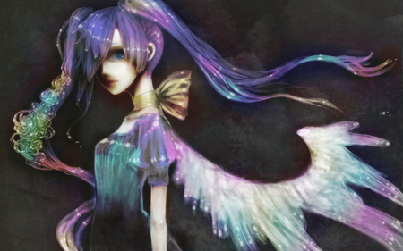 Angel Miku - aqua, angel, colorful, wings, music, anime girl, white, art, cool, dark, aqua eyes, artistic, hatsune miku, rainbow, song, vocaloids, program, vocaloid, beautiful, diva, dress, nice, beauty, twintail, singer, aqua hair, black, virtual, painting, pretty, idol, anime, miku, cute, girl, cg, hatsune, digital, awesome