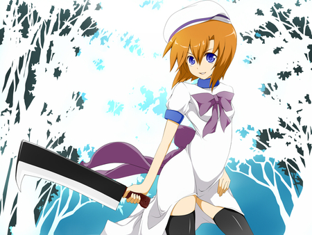 Ryuuguu Rena - higurashi no naku koro ni, hat, ryuuguu rena, thighhighs, blue eyes, weapon