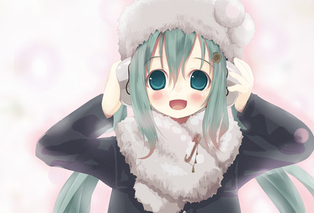 Miku Hatsune - anime, vocaloid, female, miku hatsune, green hair, happy, solo, shiro, smiling, pins, girl, warm clothes, flower, simple background, ear muffs, white, scarf, aqua hair