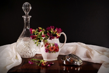 still life - pot, flowers, veil, bottle, still life