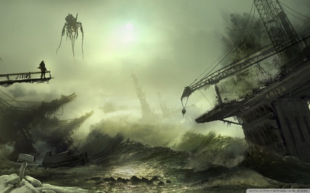 Destruction - storm, soldier, killzone, artwork, sea, concept art, ocean, dark, cg, hell, destruction, hd, adventure, video game