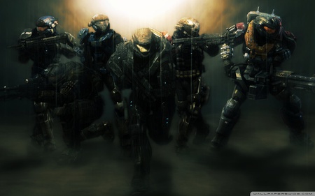 Noble Team - style, soldier, rain, fighting, video game, fantasy, cg, hd, halo, artwork, adventure, concept art, action, metallic, team