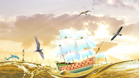 At Sea - paint, water, sea birds, sea, ocean, sailing ship, sky