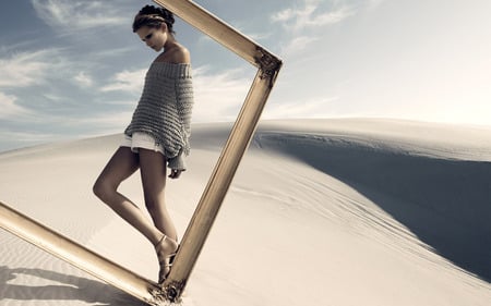 Framed Beauty - female, people, frame, artwork, beautiful, sand, model, cute, sexy