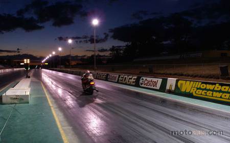 1/4 mile at with dragbike - motorcycle, bikes, car, people